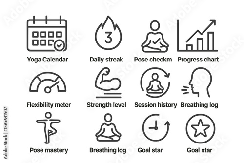 Fitness icons: yoga, progress, strength, breathing, meditation, goals
