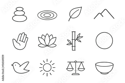 Minimalist zen icons collection: nature, balance, peace, harmony, serenity