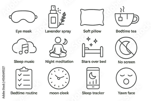 Sleep essentials: eye mask, lavender spray, soft pillow, bedtime routine icons