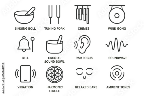 Sound therapy icons: singing bowl, tuning fork, chimes, wind gong, bell