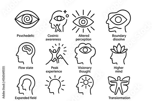 Mind expansion icons depicting psychedelic experiences and consciousness concepts