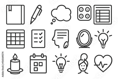 Monochrome icons of office tools, bulb, candle, books, and heartbeat
