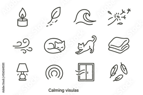 Minimalist calming icons: nature, animals, and home elements