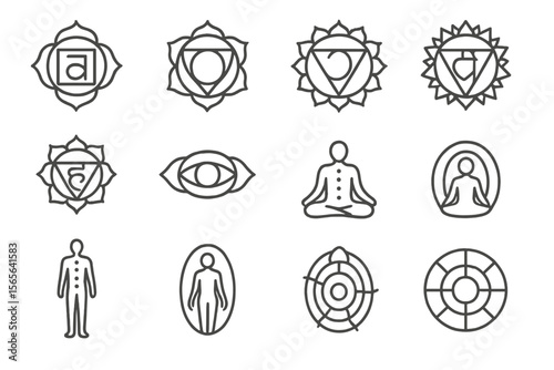Mystical chakra symbols with meditation and balance icons on gray background