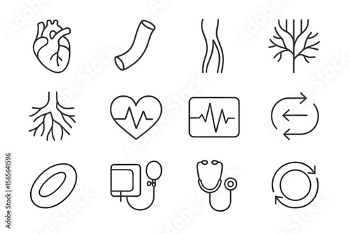 Medical icons featuring heart, artery, vein, tree, and stethoscope on gray background