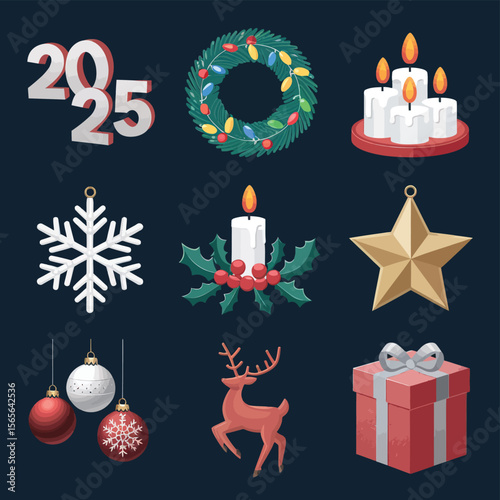 vector Happy New Year Celebrating 2025 in Latin letters , Christmas Decoration Items Santa Claus
