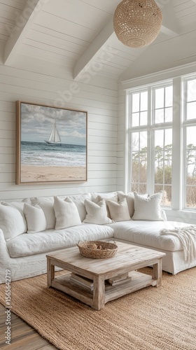Coastal living room, sectional sofa, art, sunroom