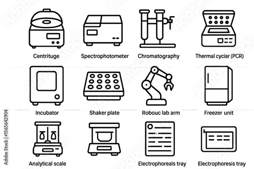 Laboratory equipment icons featuring centrifuge, spectrophotometer, and pcr unit
