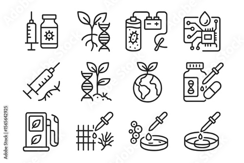 Biotechnology and science icons: dna, syringe, plants, medicine, circuit, petri dish