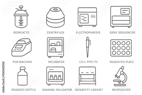 Laboratory equipment icons: bioreactor, centrifuge, incubator, microscope
