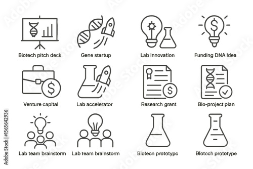 Biotech startup icons: pitch deck, venture capital, lab innovation