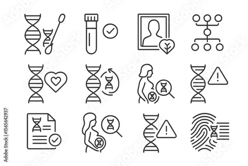 Genetic testing icons: dna, lab, pregnancy, health, analysis symbols