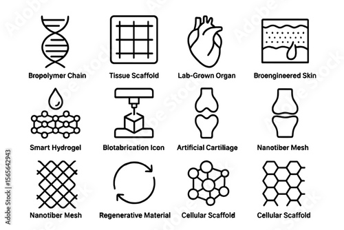 Biomedical icons: dna, tissue, organ, nanotech mesh, scaffold, hydrogel