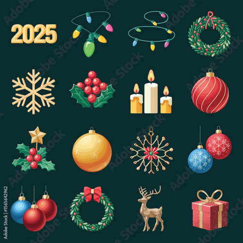 vector Happy New Year Celebrating 2025 in Latin letters , Christmas Decoration Items Santa Claus
