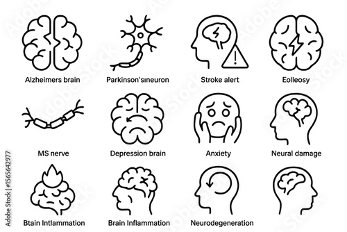 Medical icons depicting neurological disorders and brain health issues
