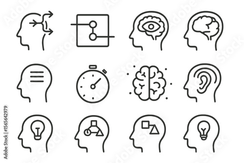 Brain and mind icons: intelligence, creativity, and cognitive elements