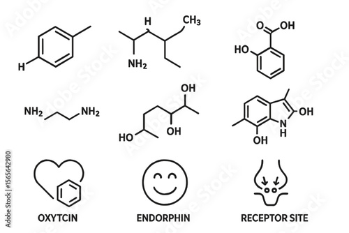 Chemical structure icons: oxytocin, endorphin, receptor on dark background