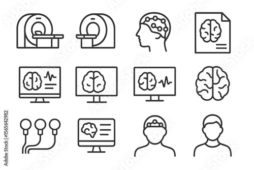 Brain mri and eeg icon set for neurological diagnostics and analysis