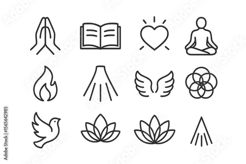 Spiritual icons: heart, meditation, prayer, yoga, fire, peace symbols