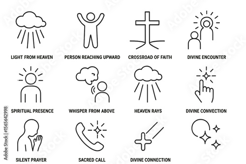 Icons depicting faith and spiritual themes in simple line art style