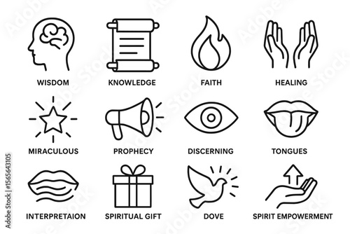Icons representing spiritual gifts and attributes on dark background