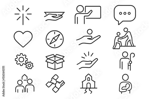 Set of charity and support icons with heart, hands, and helping figures