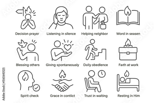 Twelve inspirational icons reflecting faith, prayer, and community guidance