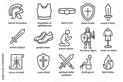 Religious symbols of armor and faith on dark background