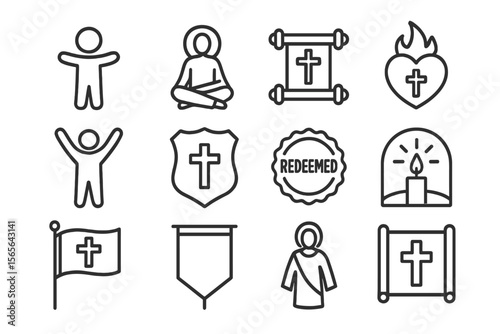 Christian symbols and icons including cross, heart, candle, and banner