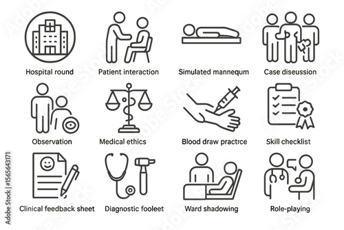 Medical training icons including hospital, patient interaction, role-playing