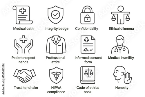 Medical ethics symbols illustration on grayscale background