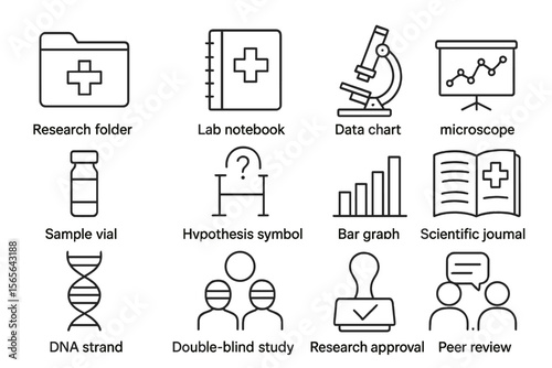 Scientific research icons collection with lab equipment and study symbols