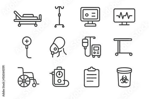 Medical equipment icons set on grey background