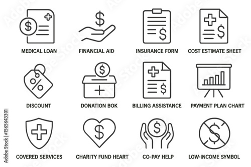 Icon set representing financial aid and medical loan assistance