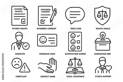 Icons representing patient rights, consent, legal assistance, and advocacy