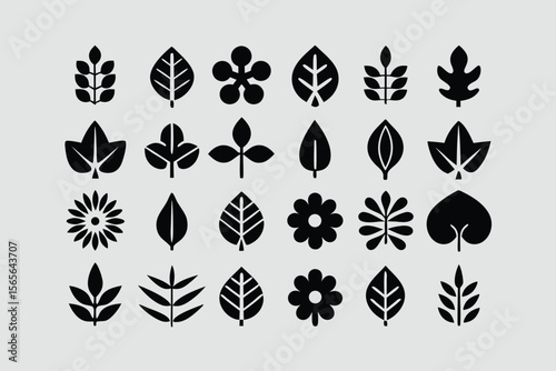 Leaf silhouettes, vector collection, diverse leaves shapes, nature elements. Ideal for eco friendly brand aesthetics, botanical illustrations, educational materials, artistic designs, decorations.