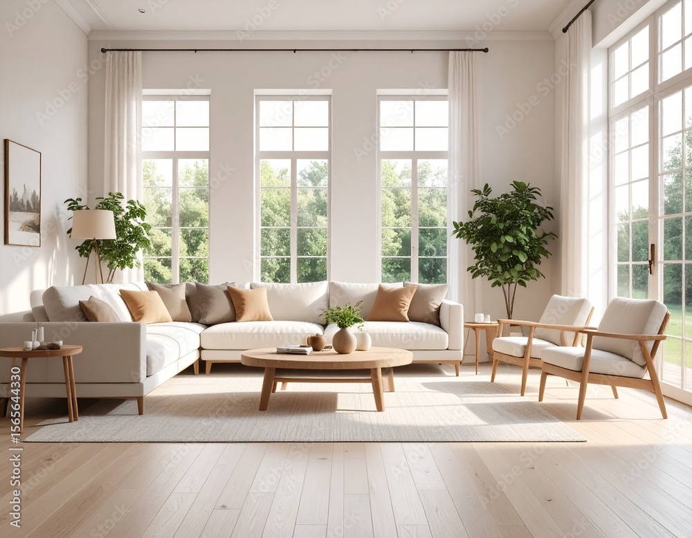 Fototapeta premium Bright and Airy Living Room Interior Design with Natural Light and Modern Furniture