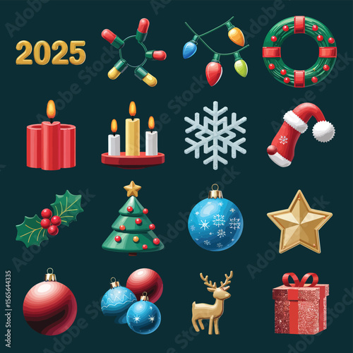 vector Happy New Year Celebrating 2025 in Latin letters , Christmas Decoration Items Santa Claus
