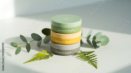 Nature's Touch: Stacked Skincare Jars with Eucalyptus and Fern