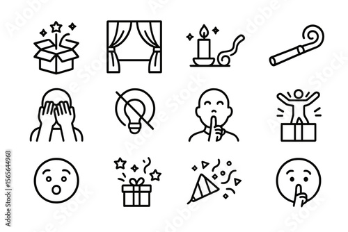 Twelve minimalist outline icons featuring surprise and celebration themes