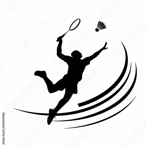A dynamic silhouette of a male badminton player in action, executing a powerful serve with a shuttlecock mid-air, showcasing athleticism and energy in a sports illustration.


