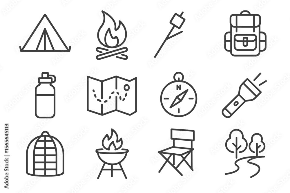 Fototapeta premium Camping icons set: tent, campfire, backpack, map, compass, flashlight