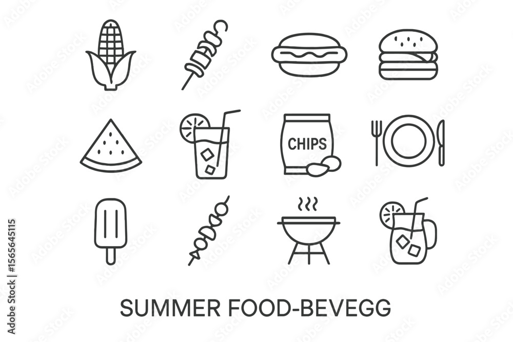Fototapeta premium Summer food icons: barbecue, burgers, drinks, corn, watermelon, chips