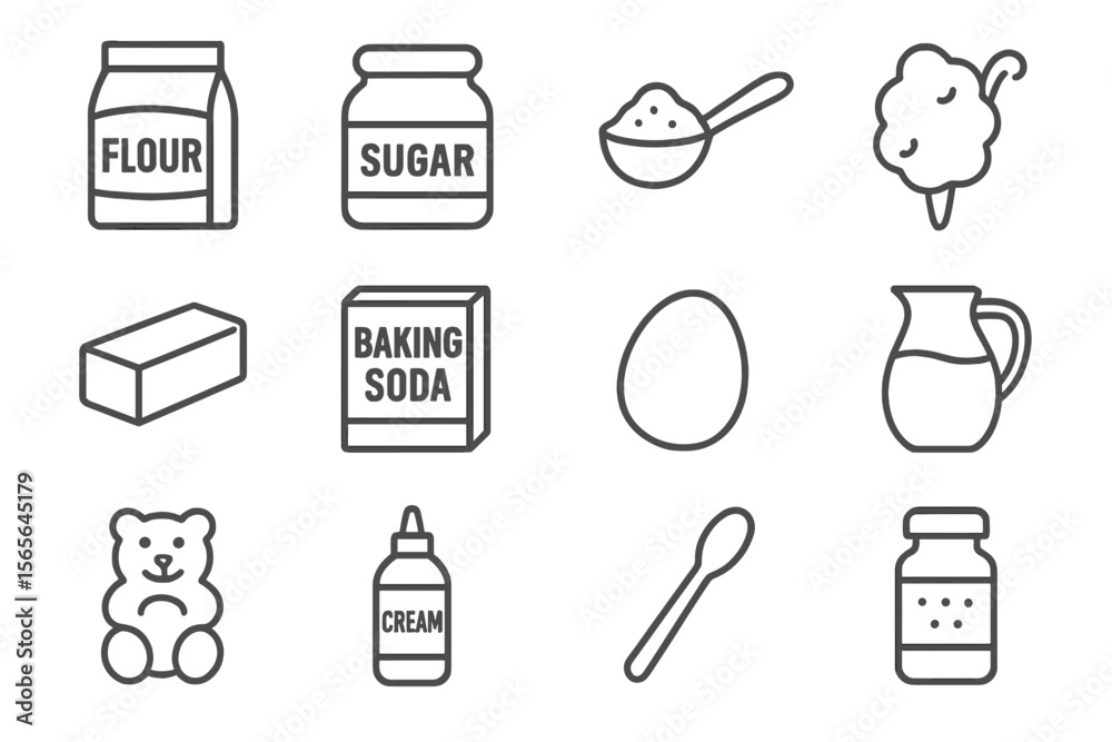 Outline icons of baking ingredients on grayscale background