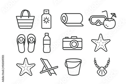 Beach essentials icon set: summer symbols for travel and vacation