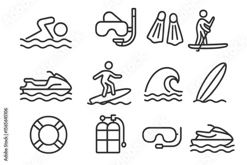 Icons: water activities - swimming, surfing, scuba, snorkel, jet ski