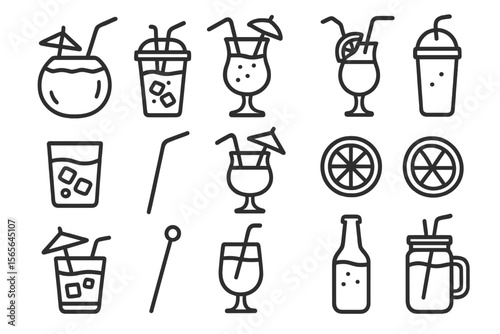 Outline of various tropical drinks with straws and garnishes on dark background