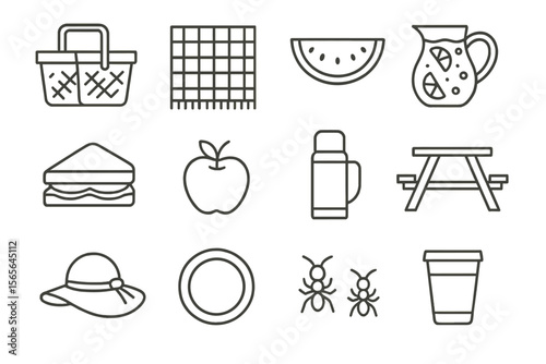 Outdoor picnic elements - blanket, watermelon, thermos, ants, hat, table