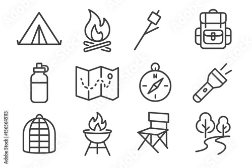 Camping icons set: tent, campfire, backpack, map, compass, flashlight