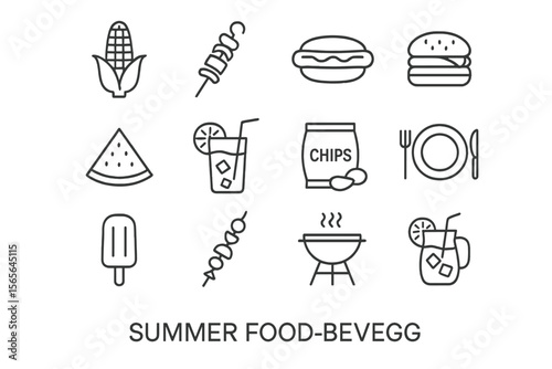 Summer food icons: barbecue, burgers, drinks, corn, watermelon, chips